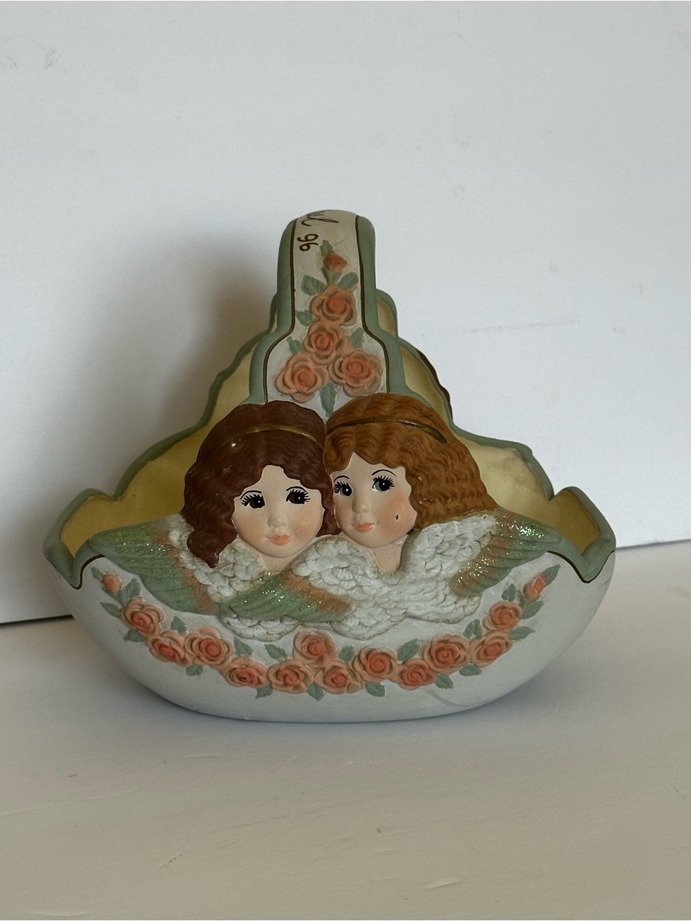 Decorative Angel Basket Sculpture in Cream and Peach